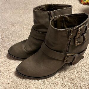 Brown Suede Ankle Boots with Buckles and Low Heel